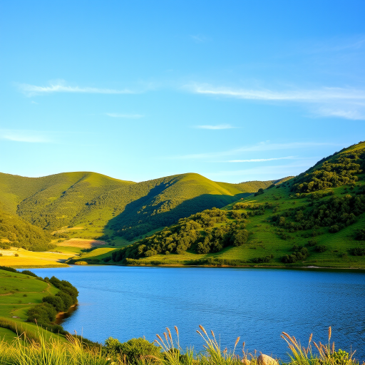 Generate a high-resolution image of a serene landscape featuring lush green hills, a clear blue sky, and a tranquil lake in the foreground, captured with a Canon EOS 5D Mark IV, 24mm lens, f/8 aperture, ISO 100, at golden hour.