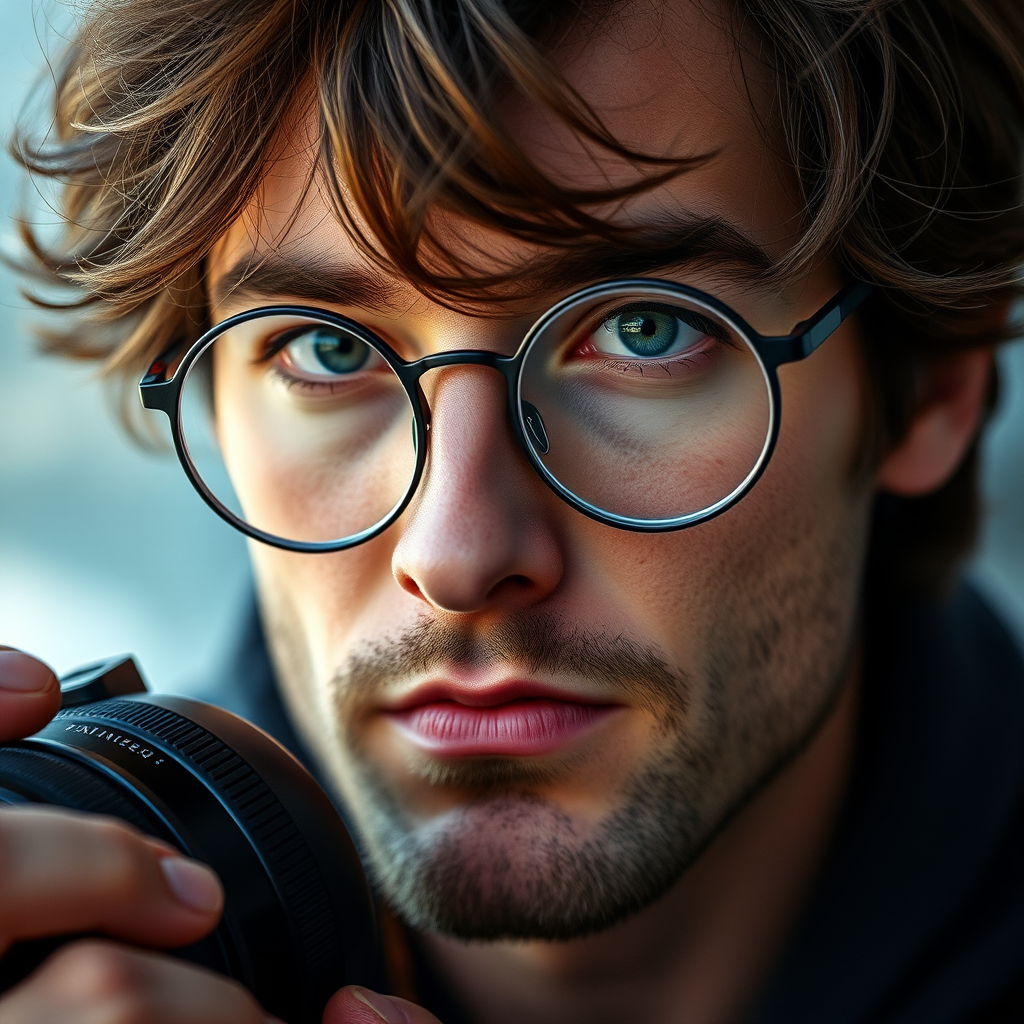 Regenerate the image of a male with tousled hair and round glasses, close-up portrait, DSLR camera, 50mm lens, aperture f/1.8, ISO 100, natural light, soft focus background.