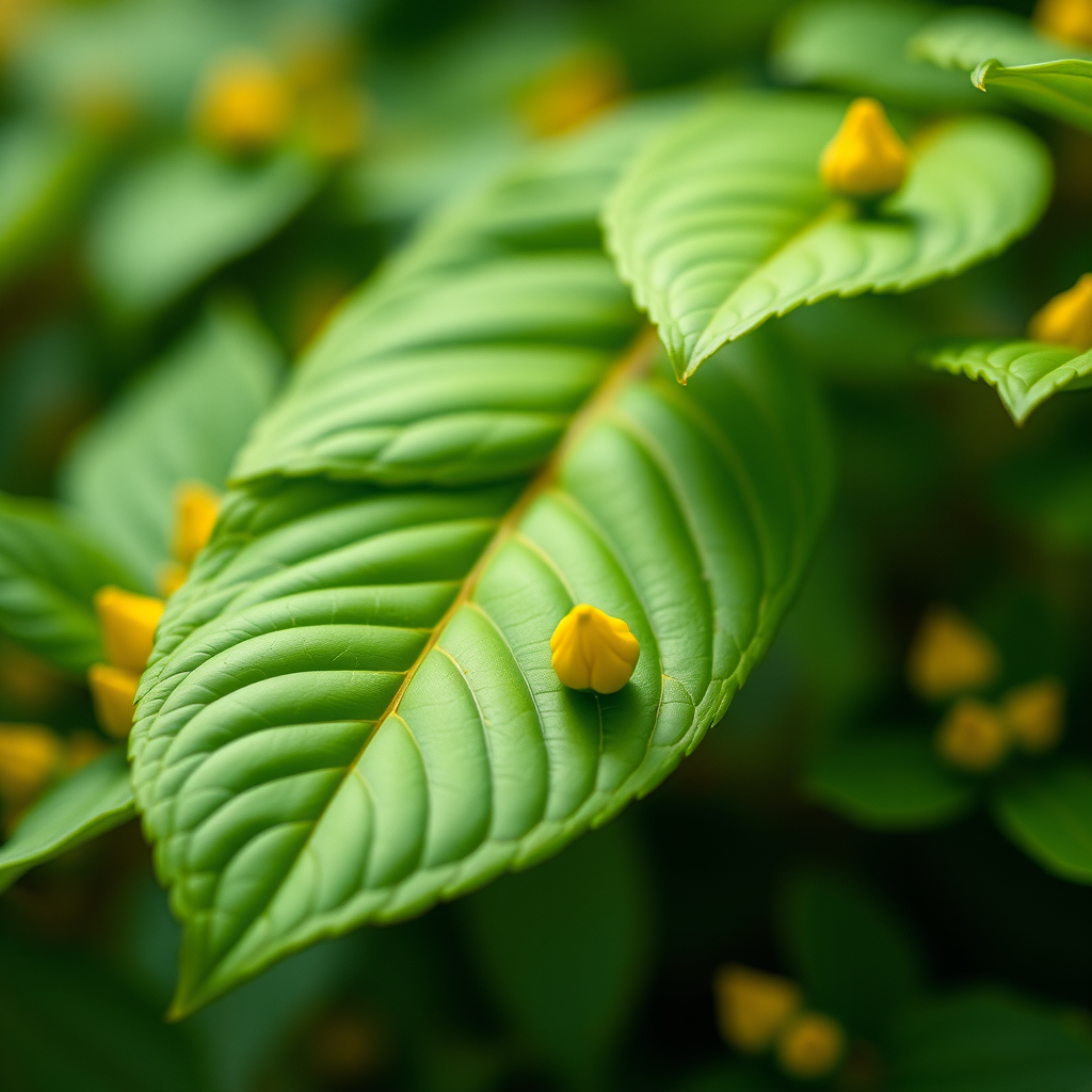 Create a high-resolution image of lush green leaves with yellow flower buds in a soft-focus pattern, captured with a Canon EOS R5 at f/2.8, 1/100 sec, ISO 200, with a macro lens in natural light for vibrant color and detail enhancement.