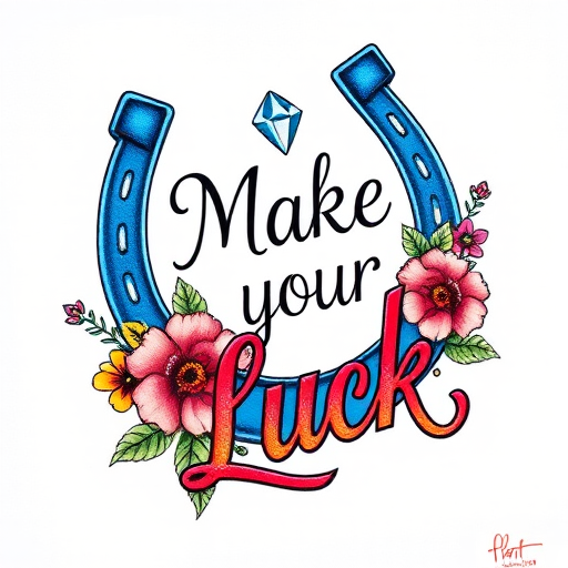 Create a vibrant tattoo design featuring a blue horseshoe, diamond, and colorful flowers with the phrase "Make your Luck" in detailed lettering, captured with a DSLR camera at f/2.8, ISO 100, 50mm lens, top-down view, natural lighting to enhance colors and sharpness.
