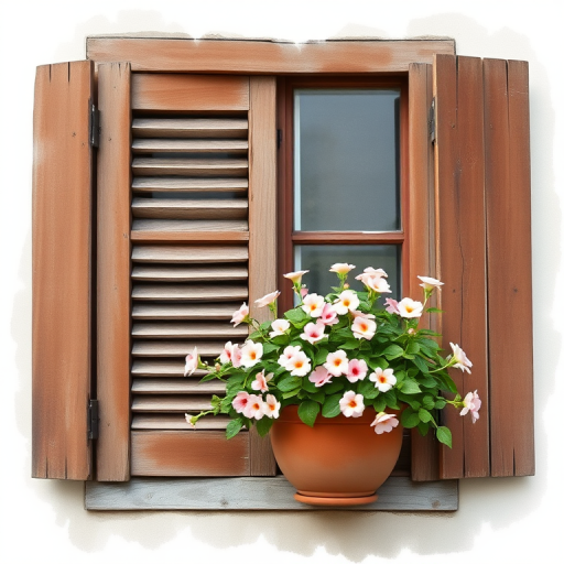 a rustic window with wooden shutters and a flower pot overflowing with blooming plants, watercolor style, soft focus, natural light, 50mm lens, f/1.8, ISO 100, shutter speed 1/125s, captured with a DSLR camera