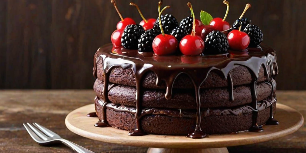 Create an image of a decadent chocolate cake layered with dark chocolate frosting, topped with fresh cherries and blackberries. The cake should have a rich, glossy appearance with some frosting drizzled over the top. Display it on a rustic wooden table, with a slice cut out to show the layers inside. Include a few berries scattered around the plate for added detail.