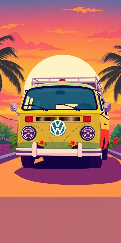 Create a vibrant retro illustration of a Volkswagen van with summer colors and tropical elements, capturing a sunset background, shot with a Canon EOS R5, aperture f/4, ISO 200, focal length 35mm, in a vibrant and colorful style.