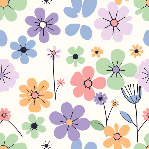 Create a seamless pattern featuring various stylized flowers in soft pastel colors such as purple blue green pink and orange with thin black outlines on a light beige background