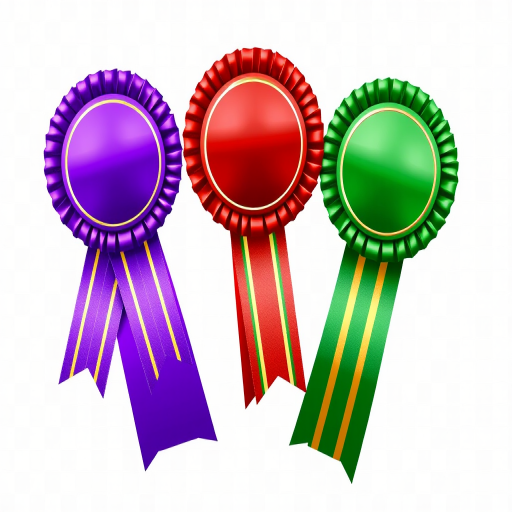 Create an image of three award ribbons in a row featuring a purple ribbon with golden stripes, a red ribbon with green stripes, and a green ribbon with golden stripes against a transparent background, use high-resolution settings with a digital camera, aperture set to f/2.8, ISO 100, and a wide-angle lens for a clear and detailed view.