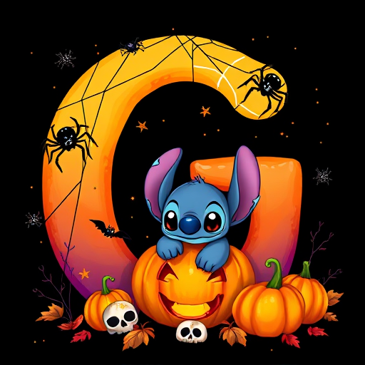 A whimsical and vibrant Halloween-themed digital illustration featuring the letter "G" adorned with spider webs, small bats, and cute spiders. At the base of the letter, a playful alien character similar to Stitch is peeking out from inside a carved pumpkin with glowing eyes, surrounded by additional pumpkins, a small skull, and autumn leaves. The letter is gradient-colored from orange to purple, adding a magical atmosphere to the scene, black background