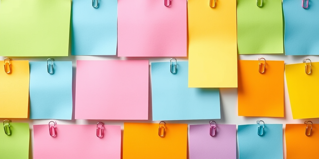 A grid of colorful sticky notes in green, blue, yellow, pink, orange, light blue, and purple, each with a paperclip, high-resolution image, 50mm lens, f/2.8 aperture, soft natural lighting, top-down view, using a DSLR camera.