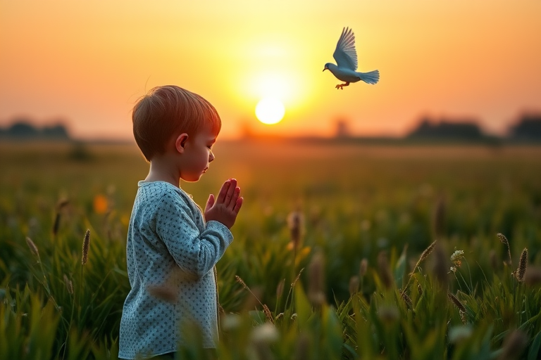 Create an image of a child praying in a serene field at sunrise, with a dove flying above, taken with a Nikon D850, aperture f/2.8, ISO 100, 35mm focal length, in a portrait orientation, using a soft focus to enhance the ethereal quality of the scene.