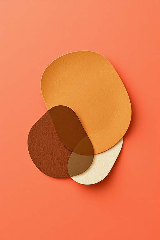Create an abstract digital artwork with three overlapping organic shapes in earthy tones on a coral background, using a high-resolution camera with a 50mm lens, f/2.8 aperture, ISO 100, and soft natural lighting to enhance texture and detail.