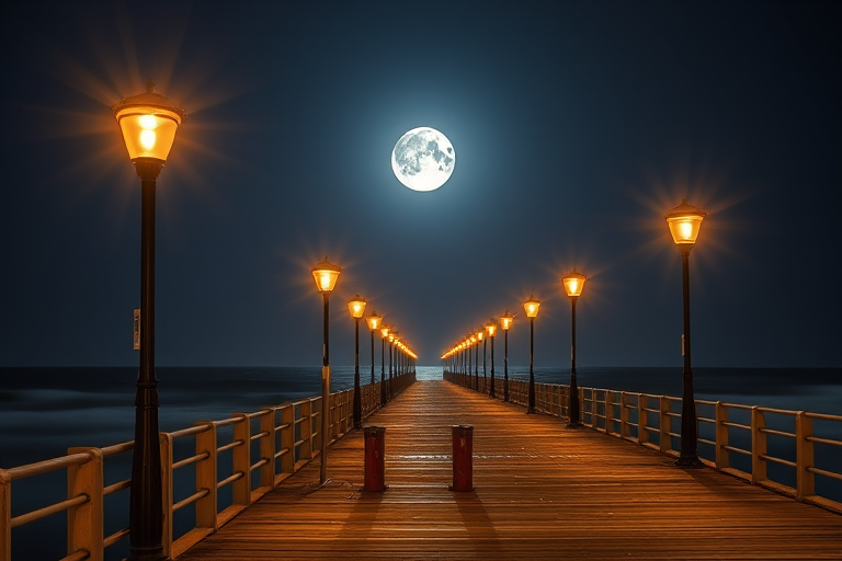 Create a high-resolution image of a seaside pier at night with illuminated lampposts casting a warm glow, a large full moon rising over the ocean in the background, captured with a Canon EOS 5D Mark IV, 24mm lens, f/2.8 aperture, ISO 100, 30 seconds exposure, and a wide-angle perspective to enhance depth and detail.