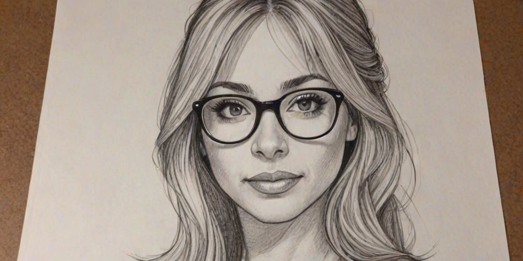 Comely Tara Strong, pencil sketch, portrait of Wonderful woman 1977s in glasses, hair style beatnik, outline, clear lines, fine lines, 8k