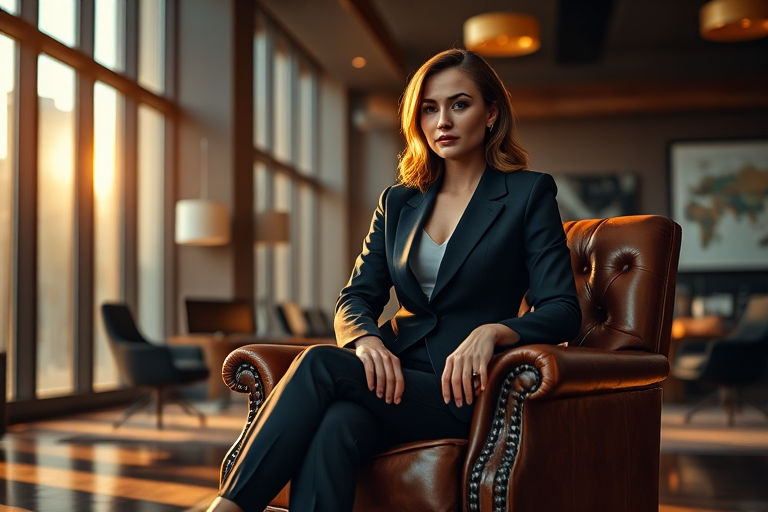 Create an image of a stylish woman in a suit sitting confidently on a leather armchair in a luxurious office, soft golden lighting filtering through large windows, high resolution, 50mm lens, f/1.8 aperture, ISO 100, portrait orientation, cinematic style, digital photography.