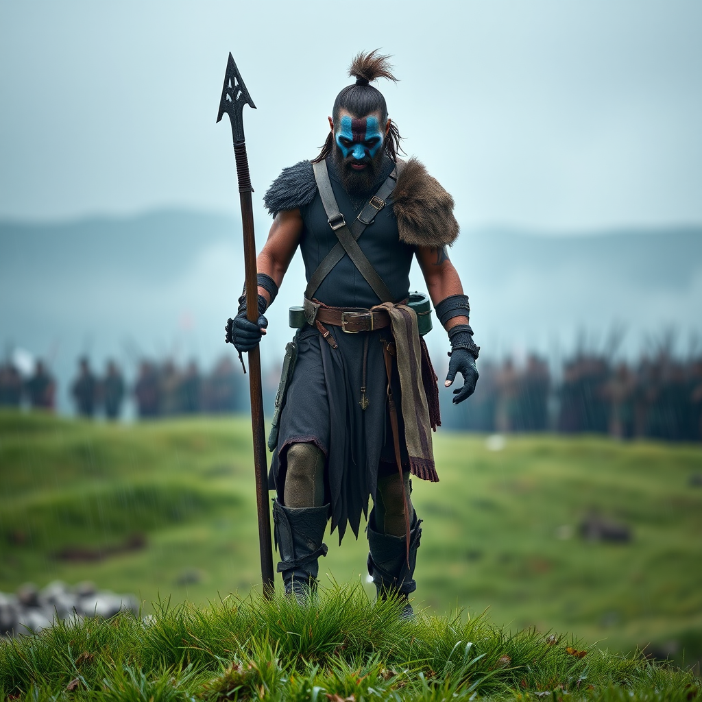 Generate an ultra-realistic and highly detailed photograph of a "brave heart" warrior. he's standing still, looking menacingly at the camera. He has face paint in shades of blue. He's standing on a green hill. Rain. The background is a blurred image of a battlefield. 4k. UHD