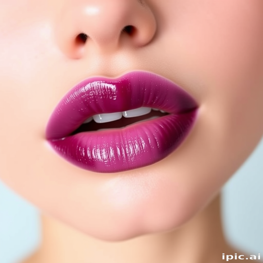 Gradient effect blends from deep plum to soft lilac across perfectly shaped lips, creating an eye-catching ombre look that enhances their natural contours