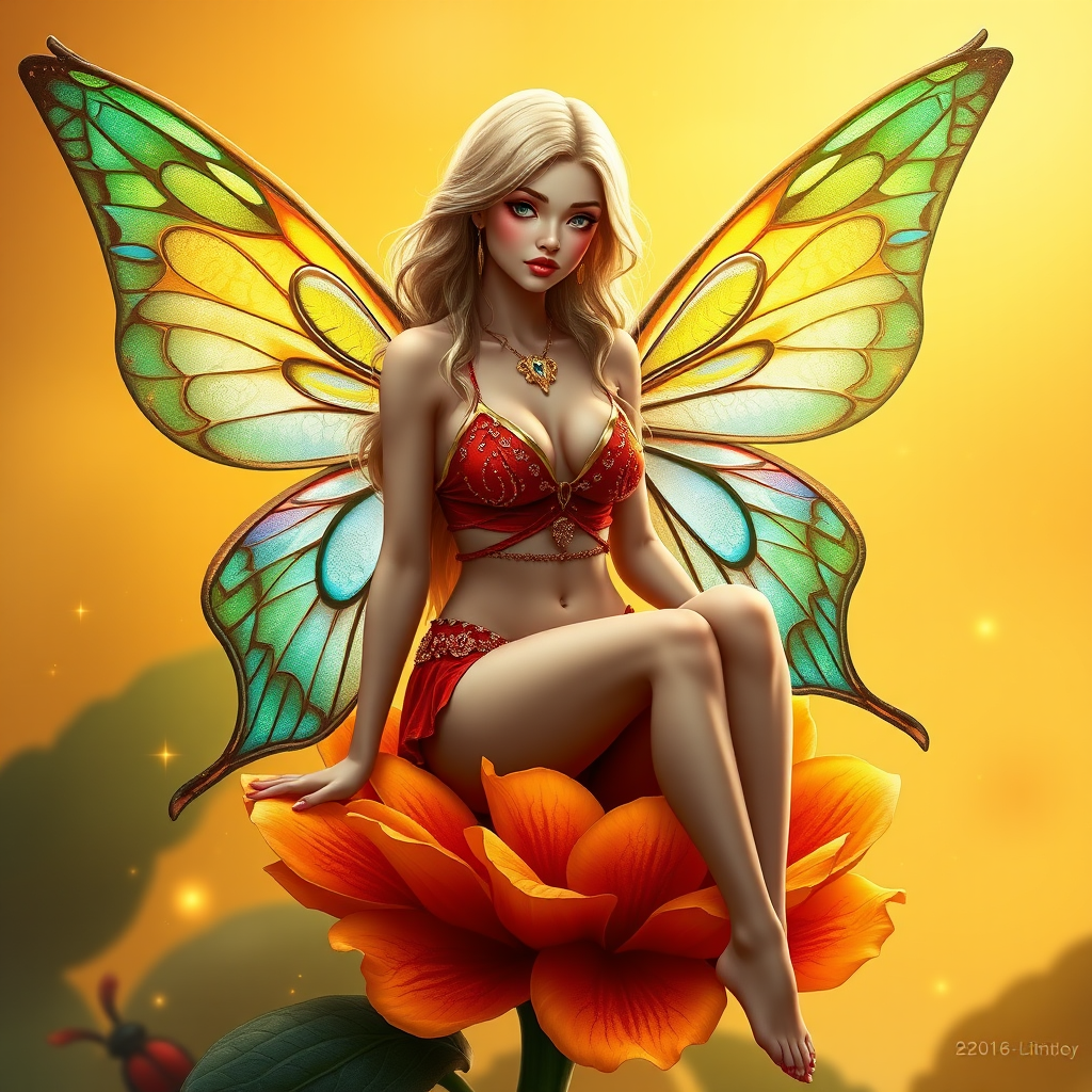 A digital artwork features a winged fairy with delicate Pine butterfly wings, adorned with intricate Azure and Chartreuse patterns. She is seated on a vibrant Mango flower, wearing a revealing red two-piece outfit with sparkling beadwork. Her fair skin, long blonde hair, and gold jewelry add to her ethereal appearance. The background is a warm, golden gradient, creating a magical atmosphere. Small glowing orbs and sparkles surround the flower, enhancing the enchanting, highly detailed, and realistic scene.