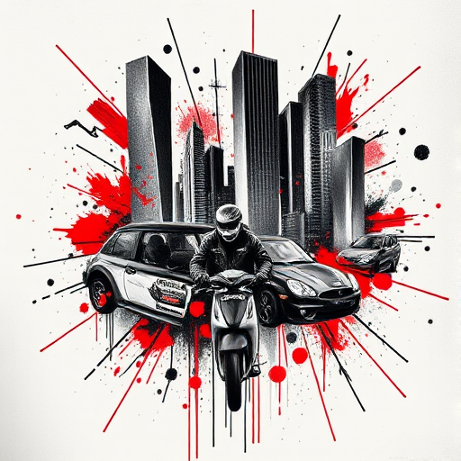 Trash polka tattoo titled "Urban Chaos" combining realistic black and grey elements with bold splashes of red ink, creating a dynamic and edgy design that blends order and disorder in a unique artistic style