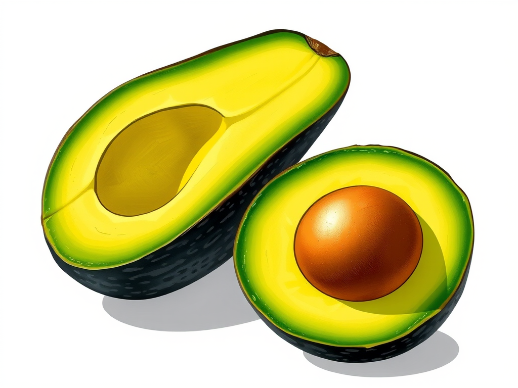 Create a highly detailed illustration of a sliced avocado showing the vibrant green flesh and brown pit, using a Canon EOS R5 with an 85mm f/1.2 lens, shot at f/2.8, ISO 100, in natural light to produce soft shadows and a clean background for enhanced quality.