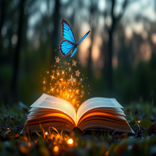 Regenerate an enchanting scene of an open book in a forest clearing at dusk, with glowing magical elements emerging from the pages, a vibrant blue butterfly hovering above, soft bokeh effects in the background, captured with a Canon EOS R5, 50mm lens, f/1.8, ISO 200, 1/60 sec, in a warm color palette.