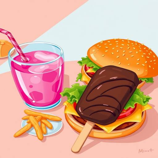 Create a vibrant illustration featuring two burgers with lettuce, tomato, and cheese, a pink drink in a glass with a straw, and a chocolate-coated popsicle on a stick, using a digital art style with a focus on bright colors and playful shapes, shot from a top-down view, with a high-resolution setting, aperture at f/2.8 for depth of field, and ISO 200 for clear details.