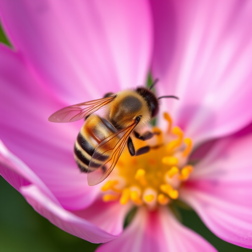 Close-up shot of a bee on a pink flower with yellow stamen, aperture f/2.8, shutter speed 1/200s, ISO 100, macro lens, natural light, DSLR camera.
