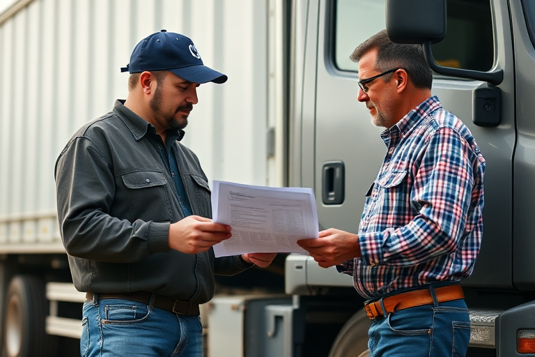 Regenerate the image of two men discussing paperwork next to a truck, use a Canon EOS R, aperture f/2.8, shutter speed 1/250s, ISO 100, 35mm lens, natural light, focus on the subjects with a slight blur background, daytime setting.