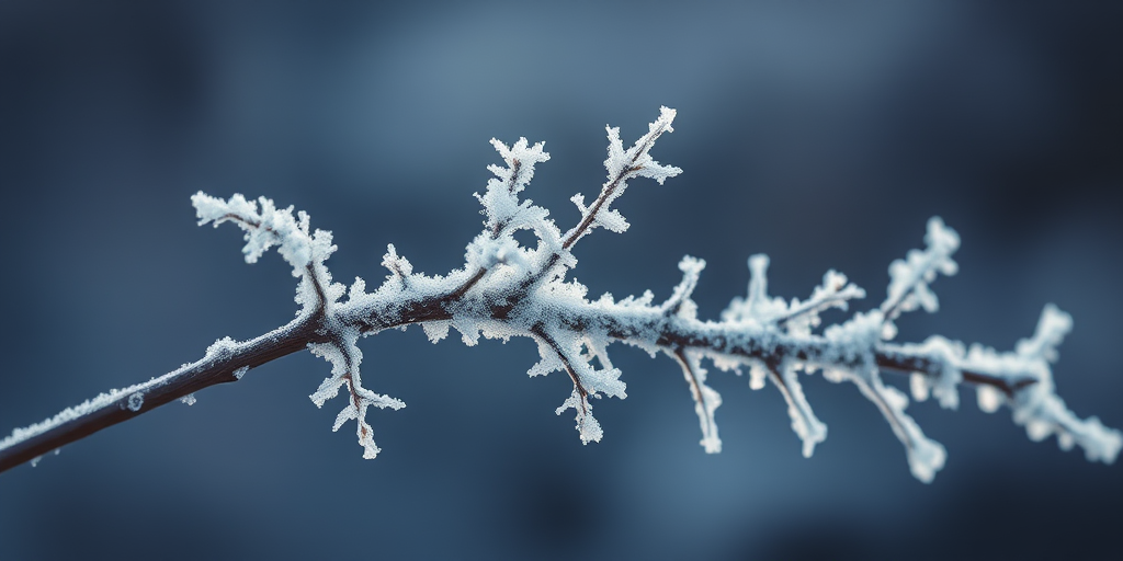 frost-covered branch with delicate ice crystals, shallow depth of field, soft diffused lighting, photographed using a DSLR camera with a 50mm lens at f/2.8, ISO 200, 1/200 sec exposure, background blurred to emphasize the frosty details