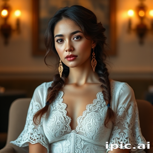 Create a portrait of a refined and elegant woman seated in a sophisticated setting. She has long, wavy hair styled in two thick braids that are pulled over her shoulders. She wears a white, lace gown with intricate patterns, featuring a deep V-neckline and short sleeves. The dress exudes a vintage charm with its delicate lacework. She is adorned with ornate, dangling earrings that add a touch of glamour to her appearance. The background is softly lit, with warm, ambient lighting that creates a cozy and inviting atmosphere. Her expression is poised and serene, capturing a sense of grace and elegance.