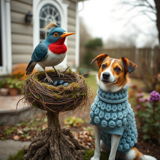 An image of a surreal, whimsical bird, a moss birds nest, sitting nearby is a dog, slightly smiling with a blueberry bobble stitch sweater, muted colors, natural textures, garden at back of house.