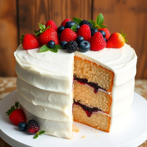 A beautiful layered cake with a smooth white frosting topped with fresh strawberries, raspberries, and blueberries, showing a slice cut out to reveal the moist interior layers filled with raspberry jam and cake, set against a rustic wooden background.