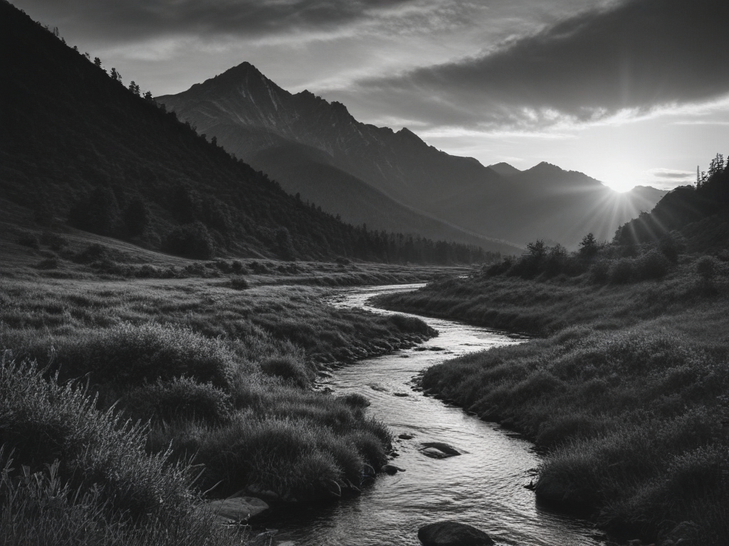 high contrast black and white sunset over mountains and stream