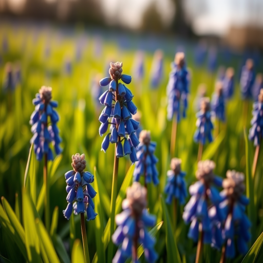 photograph vibrant blue grape hyacinth flowers in a lush green field during golden hour, using a DSLR camera with a 50mm lens, aperture f/2.8, ISO 100, shutter speed 1/200s, shot from a low angle to capture depth of field and natural light effects