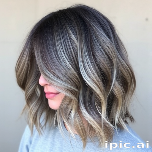 Ash grey lob with a deep side part and beachy waves, named "Smoky Quartz," boasting a lived-in texture and subtle silver babylights framing the face