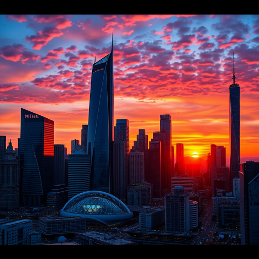 Create a high-resolution image of a futuristic city skyline at sunset, captured with a Canon EOS R5 at 24mm, f/8, ISO 100, using a wide-angle lens to emphasize depth and detail, with HDR imaging to enhance color vibrancy and contrast.