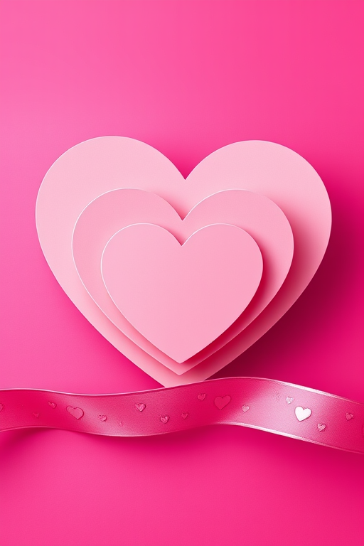 create a digital illustration of layered hearts in shades of pink on a vibrant magenta background with a ribbon featuring small hearts, include a soft focus effect, use f/5.6 aperture, 50mm lens, ISO 200, and capture in high resolution using a DSLR camera