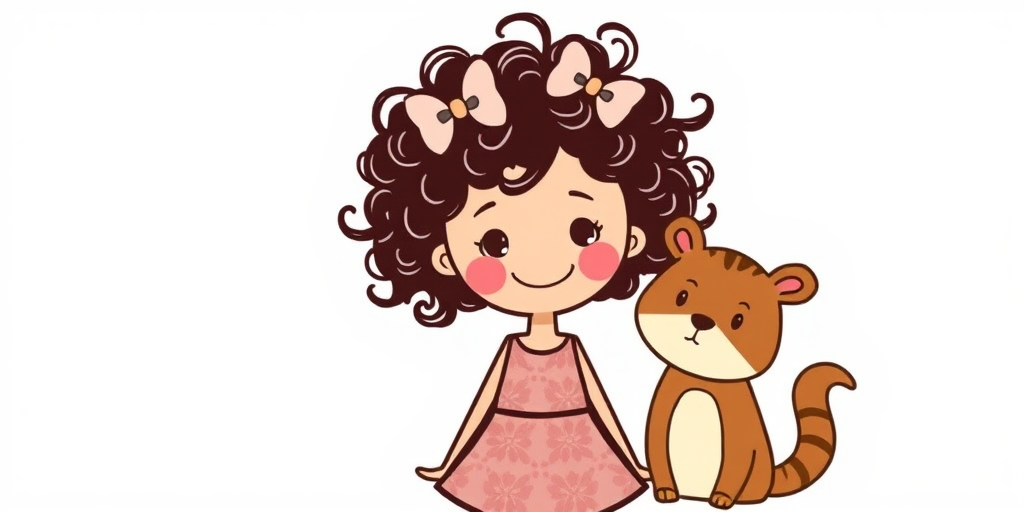 Create a whimsical digital illustration of a happy stick figure girl with curly hair and bows in her hair, wearing a patterned dress, standing next to a cute animal, with a soft pastel background, using a Canon EOS R5 with a 50mm lens at f/2.8, ISO 100, and a 1/125s shutter speed for optimal clarity and color vibrancy.