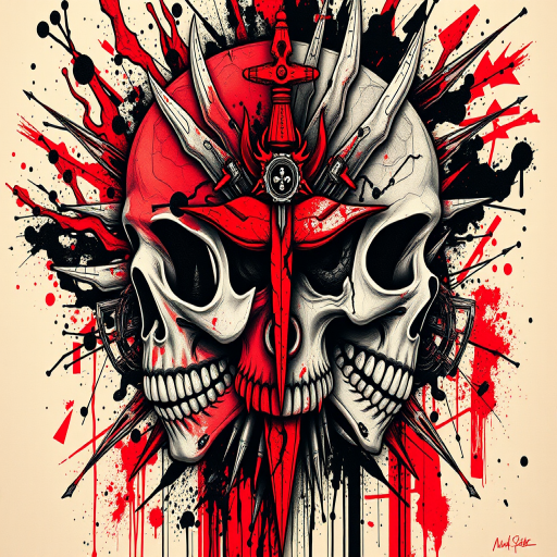Trash polka tattoo titled "Chaos and Order" combining bold, graphic elements with photorealistic details, using a striking red and black color palette to create a dynamic and visually arresting composition with hidden symbolism
