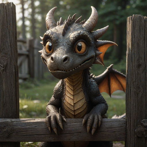 A small, scruffy cartoon-like dragon peers over a wooden fence with wide, expressive amber eyes, giving it an endearing look. The dark, muted background with streaks of faded color adds to the atmosphere of vulnerability and longing. The dragon's oversized eyes, full of emotion, draw the viewer in, evoking a sense of empathy and tenderness. Flecks of light and small bits of debris gently float through the scene, creating a soft, melancholic mood as the dragon waits patiently for comfort.
