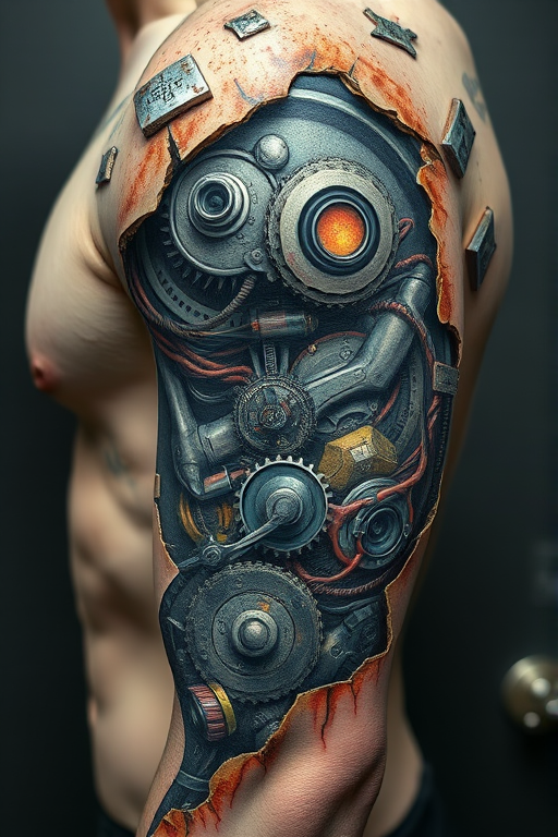 Striking biomechanical tattoo called "Cybernetic Fusion" blending organic forms with mechanical elements. Hyperrealistic rendering of torn skin reveals intricate gears, wires, and metallic structures beneath. A color scheme of cool greys and blues with touches of rust and corrosion creates a futuristic yet weathered aesthetic.