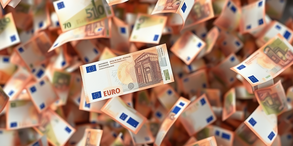 floating Euro banknotes in a dynamic, chaotic pattern, taken with a Canon EOS R5, 50mm lens, f/1.8 aperture, ISO 200, shutter speed 1/1000s, high-speed photography style