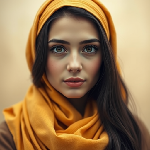 Create a portrait of a young Coptic woman with long, dark hair and captivating hazel eyes. She is wearing a Yellow headscarf and a matching scarf draped gracefully around her neck. The background is softly blurred, focusing attention on her serene and natural expression. The overall color palette is muted and warm, enhancing the intimate and authentic feel of the portrait.