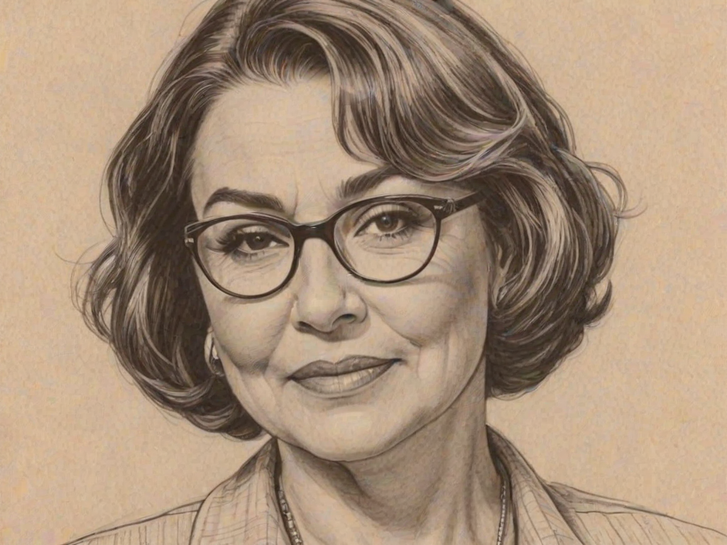 Superb Roseanne Barr, pencil sketch, portrait of Sublime woman 1932s in glasses, hair style beatnik, outline, clear lines, fine lines, 8k
