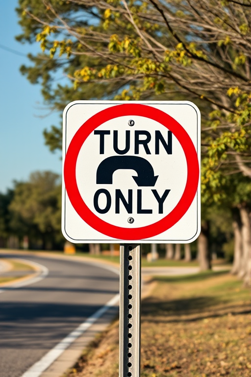 Create an image of a left turn only road sign, captured with a DSLR camera at f/8 aperture, ISO 200, 1/250 sec shutter speed, taken from a slightly elevated angle for a clear view, using a natural light setting to enhance clarity and detail.