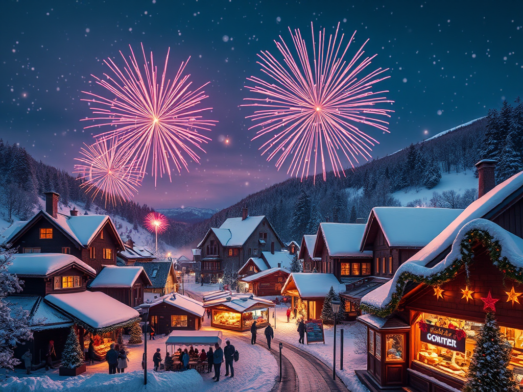 Create a vibrant winter holiday scene with fireworks in the night sky over a snowy village, featuring cozy houses, a bustling market, and festive decorations, captured with a DSLR camera at f/4, ISO 200, 1/60 sec, wide-angle lens, capturing a warm and joyful atmosphere.