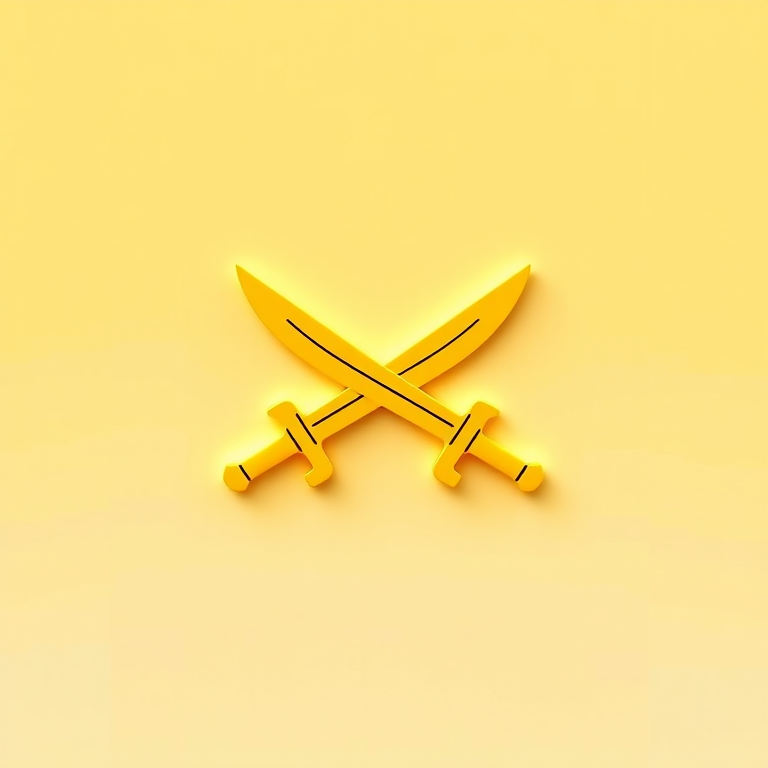 Create a high-resolution image of a stylized yellow logo featuring crossed swords and curly braces in a minimalist design, captured with a DSLR camera at f/1.8 aperture, ISO 100, and 50mm focal length, using a top-down view with soft lighting to enhance the vibrant colors and sharp details.