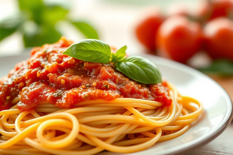 Capture a close-up of a plate of spaghetti with rich tomato sauce and fresh basil, natural light, f/2.8 aperture, 50mm lens, ISO 100, soft focus background, shallow depth of field, DSLR camera.