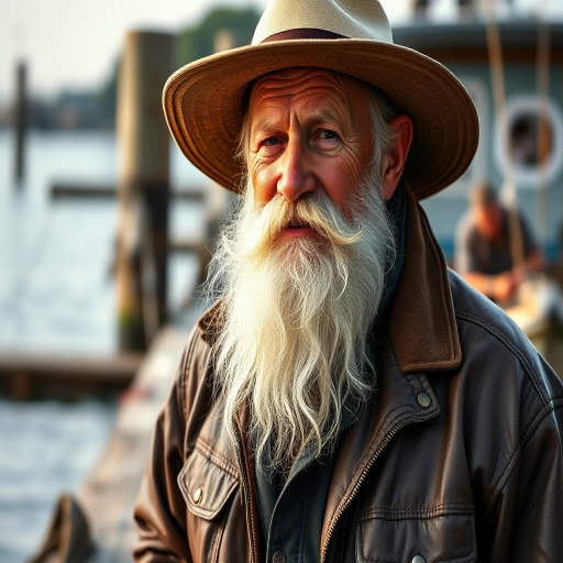 portrait of an elderly fisherman with a long white beard wearing a sun hat and a rugged leather jacket standing by a dock near the water, natural lighting, 50mm lens, f/1.8 aperture, soft focus background, DSLR camera, high resolution