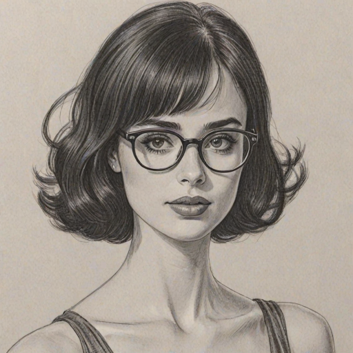 Exquisite Krysten Ritter, pencil sketch, portrait of Alluring woman 1960s in glasses, hair style beatnik, outline, clear lines, fine lines, 8k