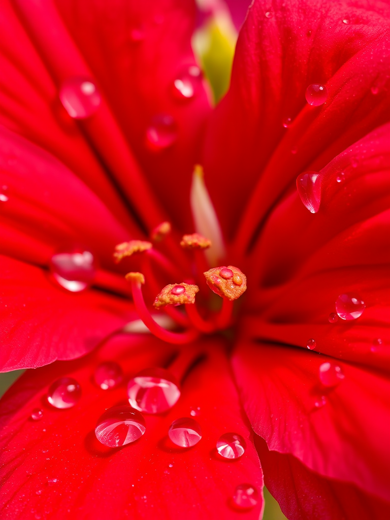 Capture a close-up of a vibrant red azalea flower with dew drops on its petals, using a 50mm lens at f/2.8, 1/200s shutter speed, ISO 100, natural soft lighting, and a DSLR camera to enhance color richness and detail.