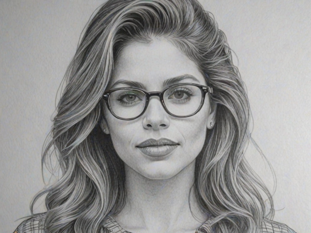 Superb Danielle Fishel, pencil sketch, portrait of Lovely woman 1980s in glasses, hair style beatnik, outline, clear lines, fine lines, 8k