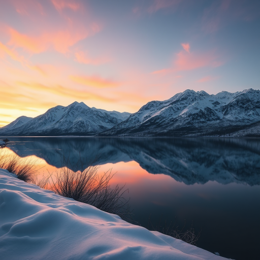 Capture a serene winter landscape at sunset with snow-covered mountains reflecting in calm water, using a Canon EOS R5 with a 24-70mm f/2.8 lens, aperture set to f/8, ISO 100, shutter speed 1/125s, shot from a low angle to enhance the foreground details and create a dramatic sky effect.